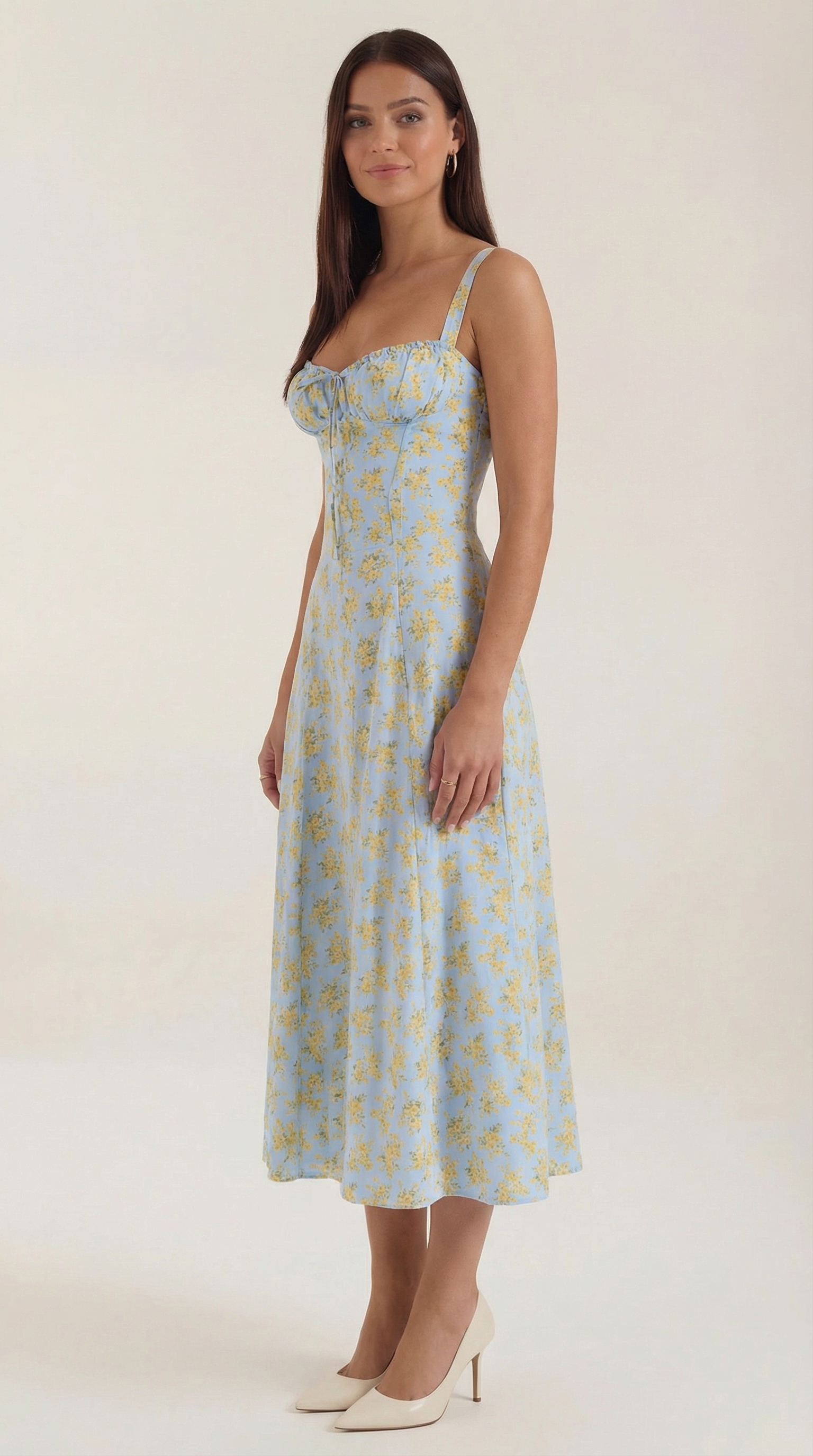 Abito Midi Donna Estivo Scollo a Cuore Lacci Floreale