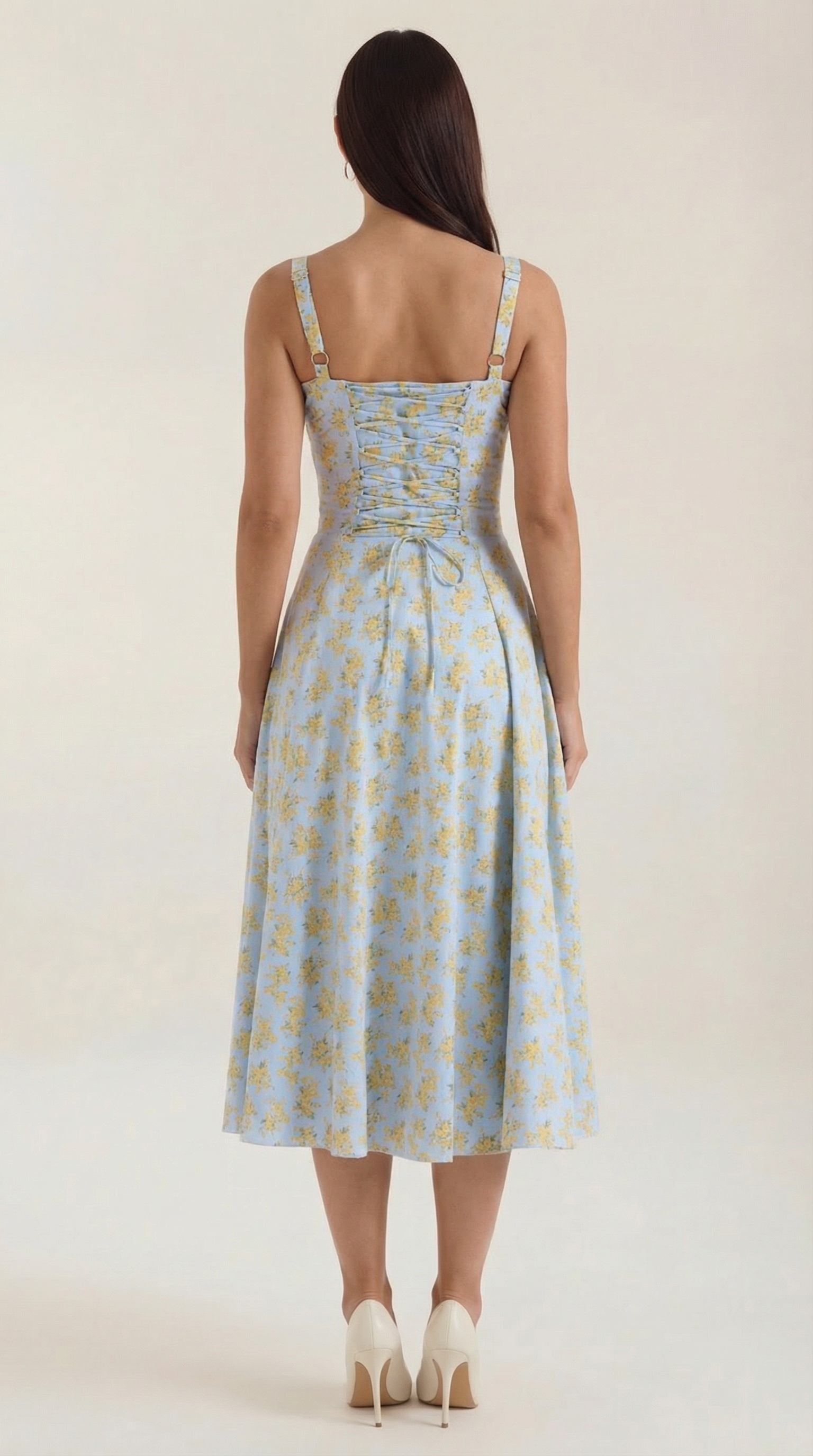 Abito Midi Donna Estivo Scollo a Cuore Lacci Floreale