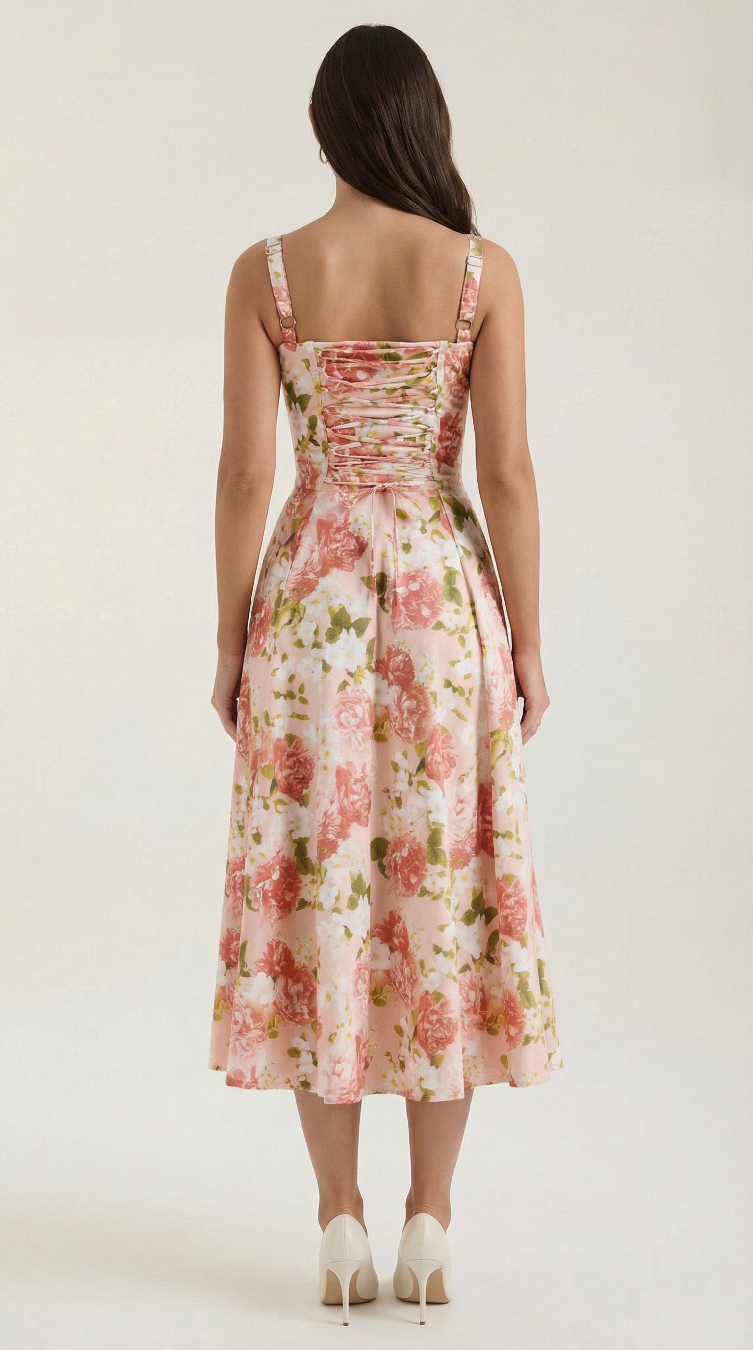 Abito Midi Donna Estivo Scollo a Cuore Lacci Floreale