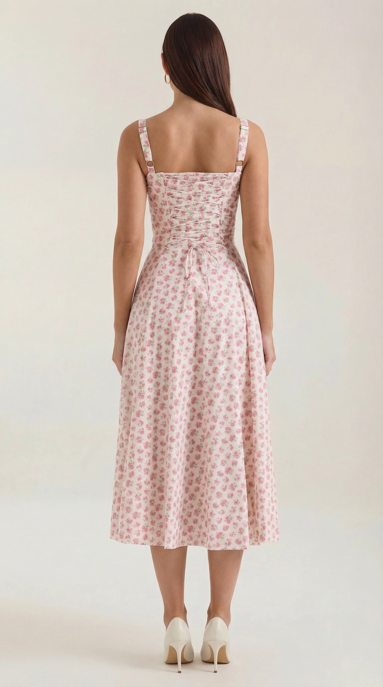 Abito Midi Donna Estivo Scollo a Cuore Lacci Floreale