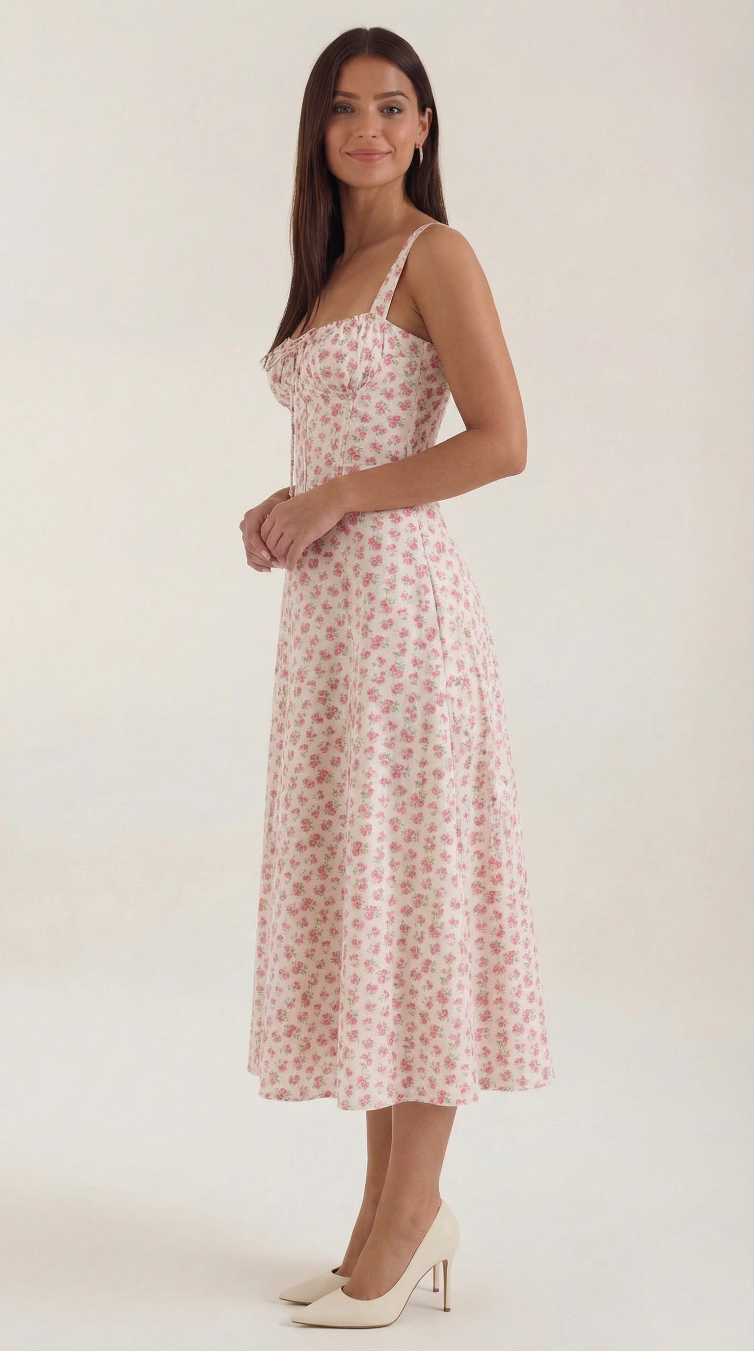 Abito Midi Donna Estivo Scollo a Cuore Lacci Floreale
