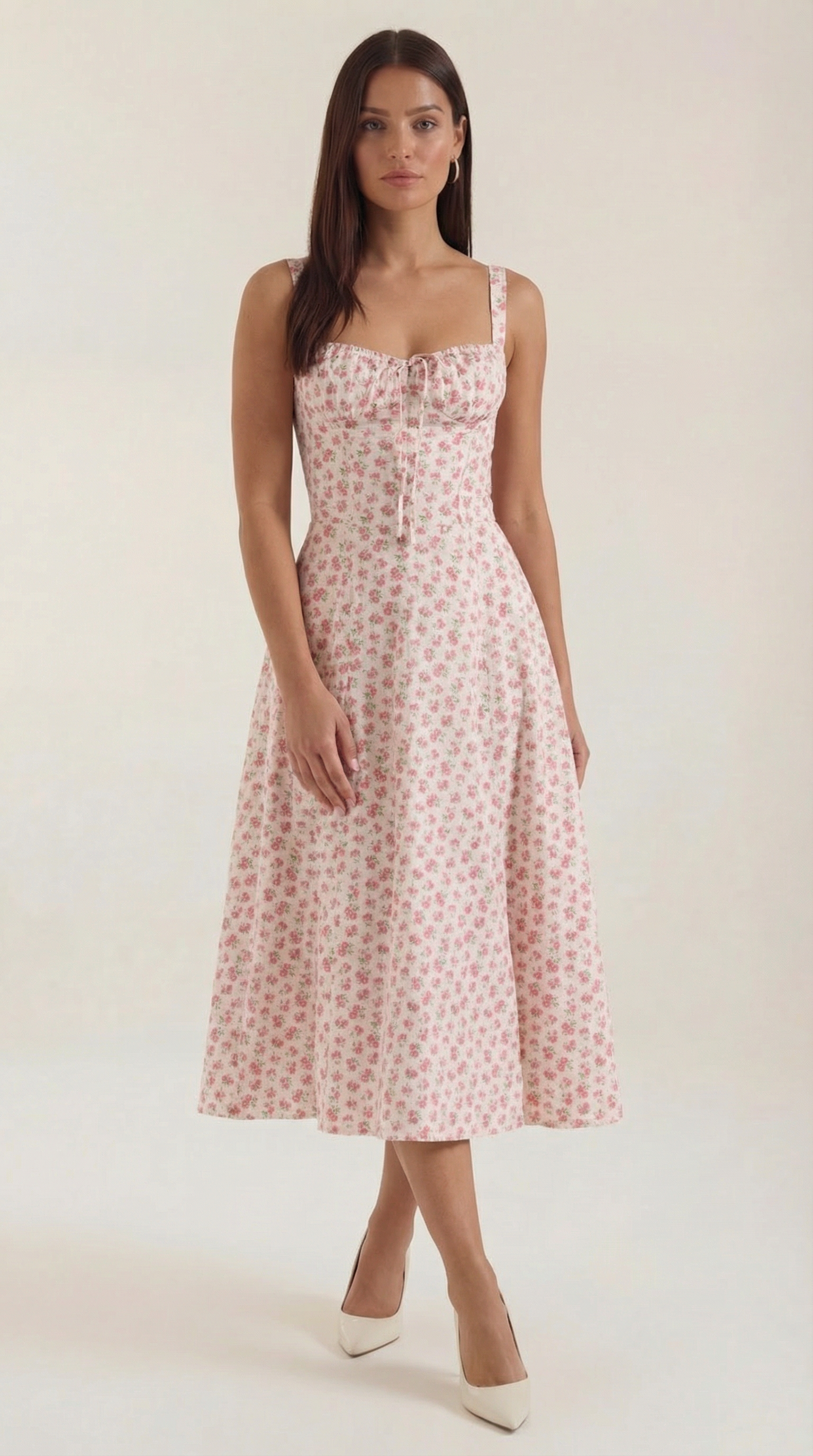 Abito Midi Donna Estivo Scollo a Cuore Lacci Floreale