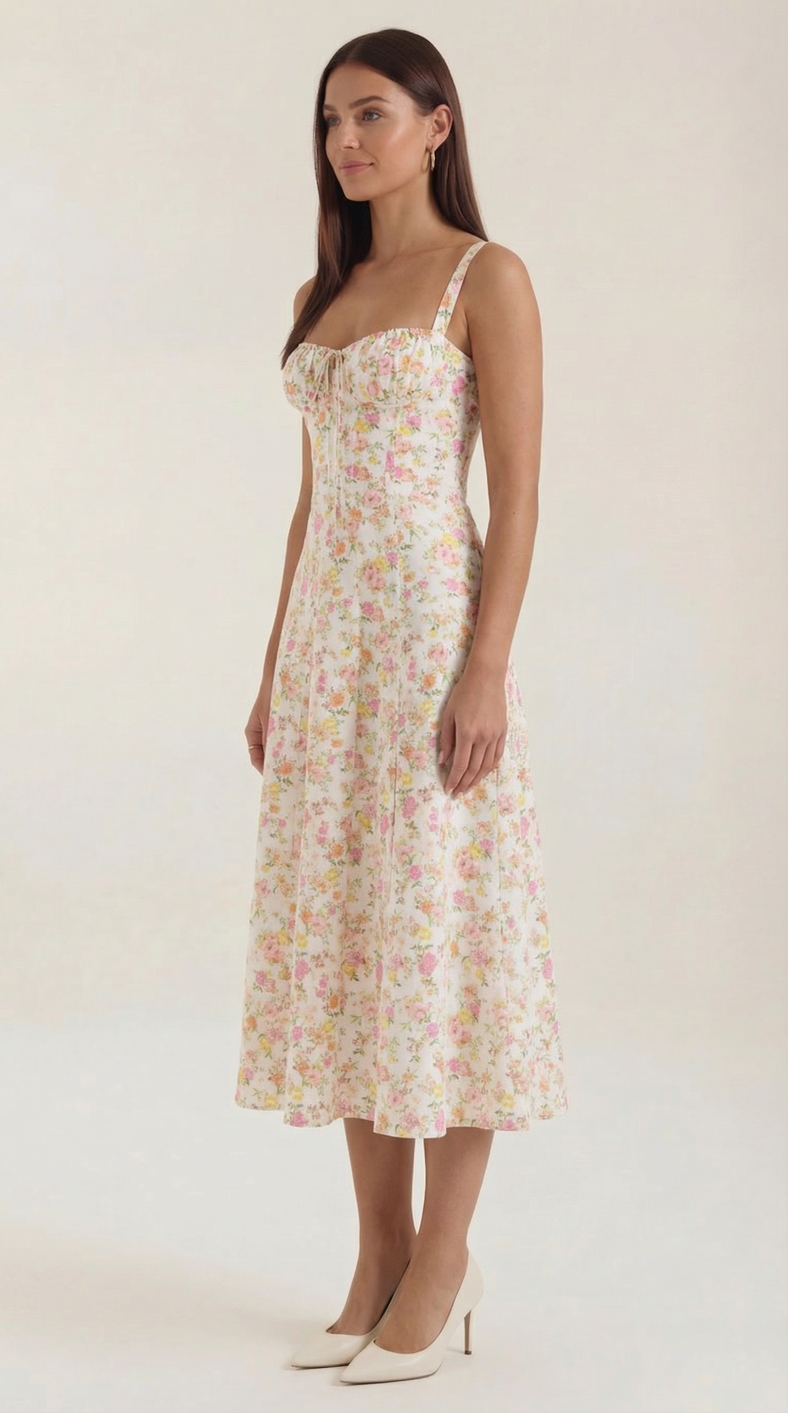 Abito Midi Donna Estivo Scollo a Cuore Lacci Floreale