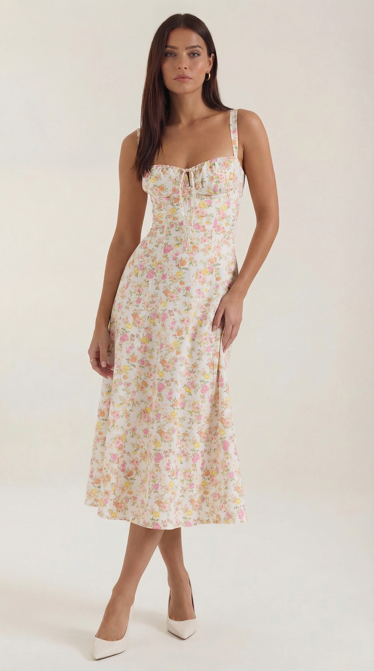 Abito Midi Donna Estivo Scollo a Cuore Lacci Floreale
