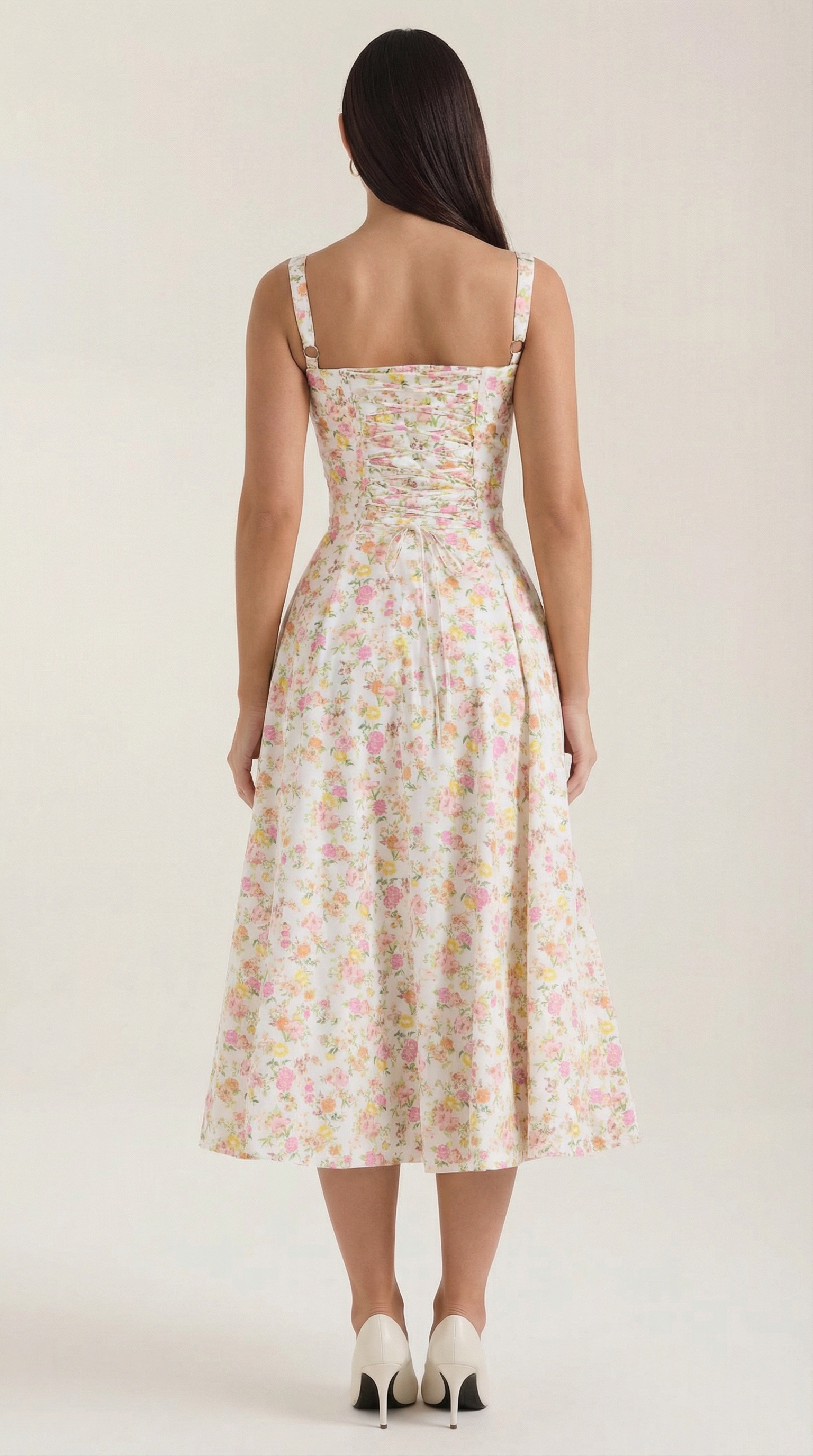 Abito Midi Donna Estivo Scollo a Cuore Lacci Floreale