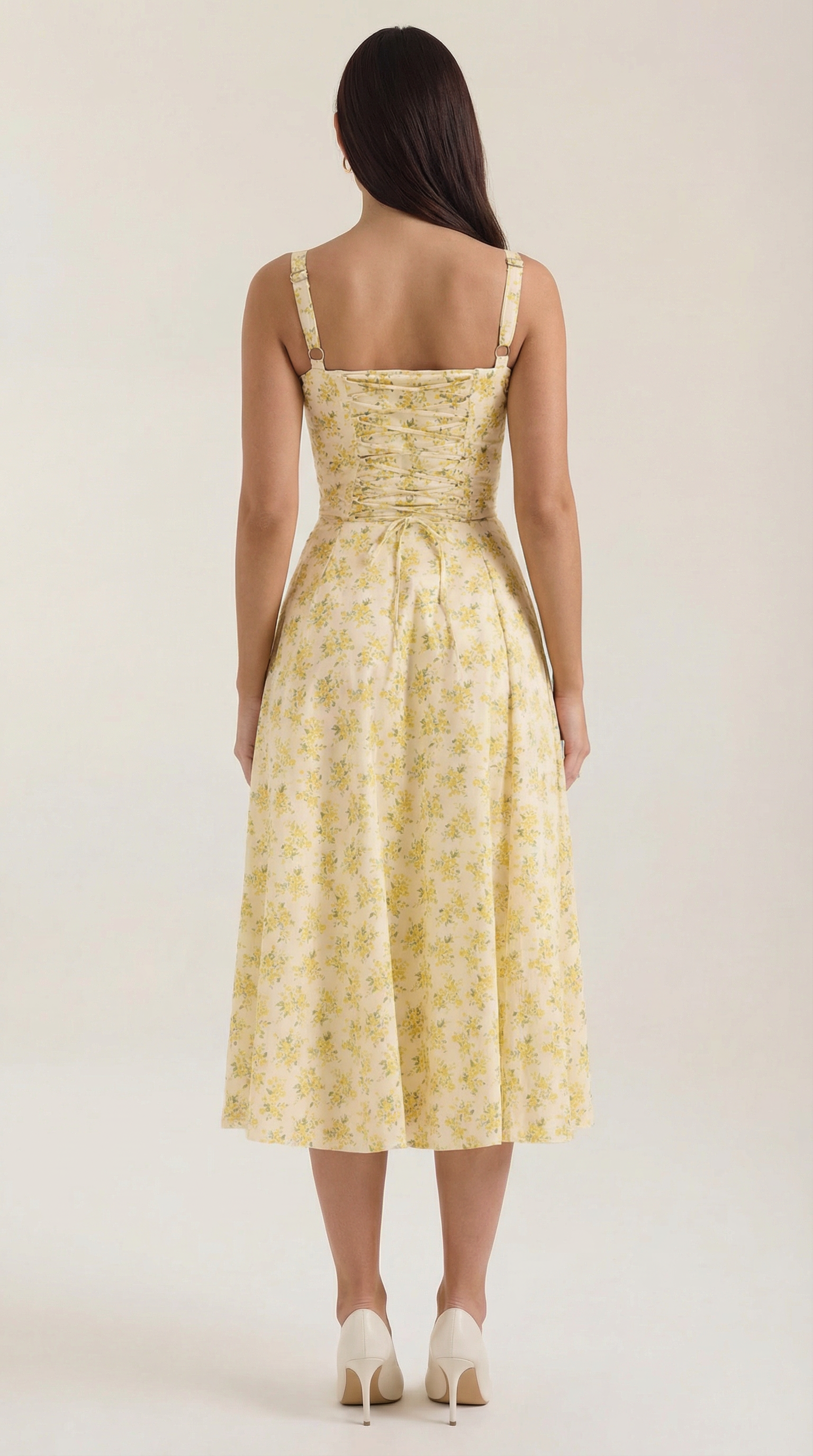 Abito Midi Donna Estivo Scollo a Cuore Lacci Floreale