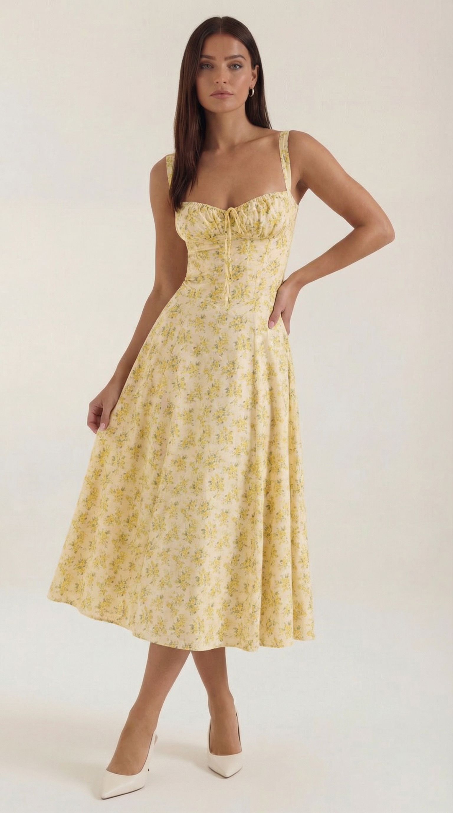 Abito Midi Donna Estivo Scollo a Cuore Lacci Floreale