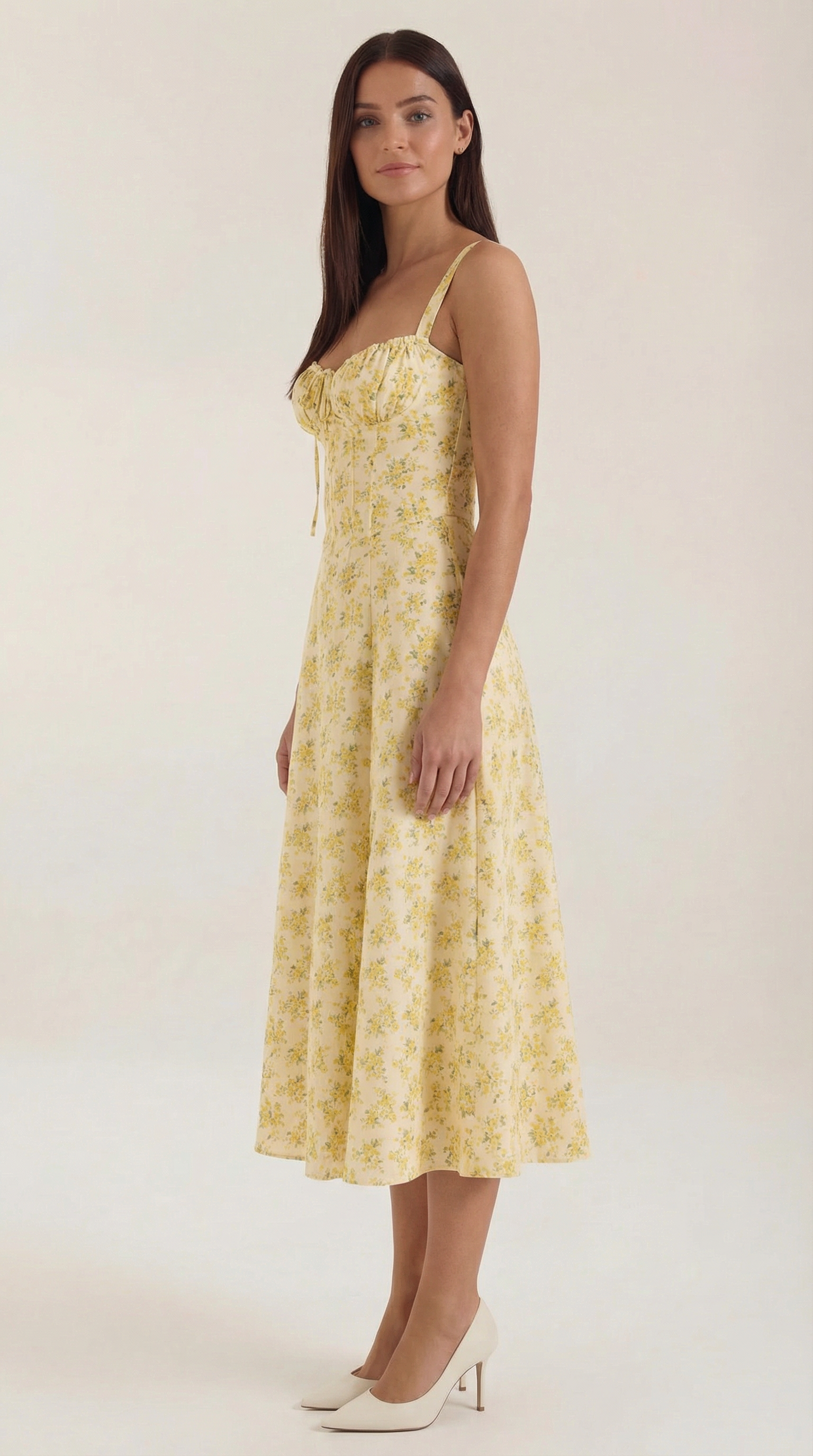 Abito Midi Donna Estivo Scollo a Cuore Lacci Floreale