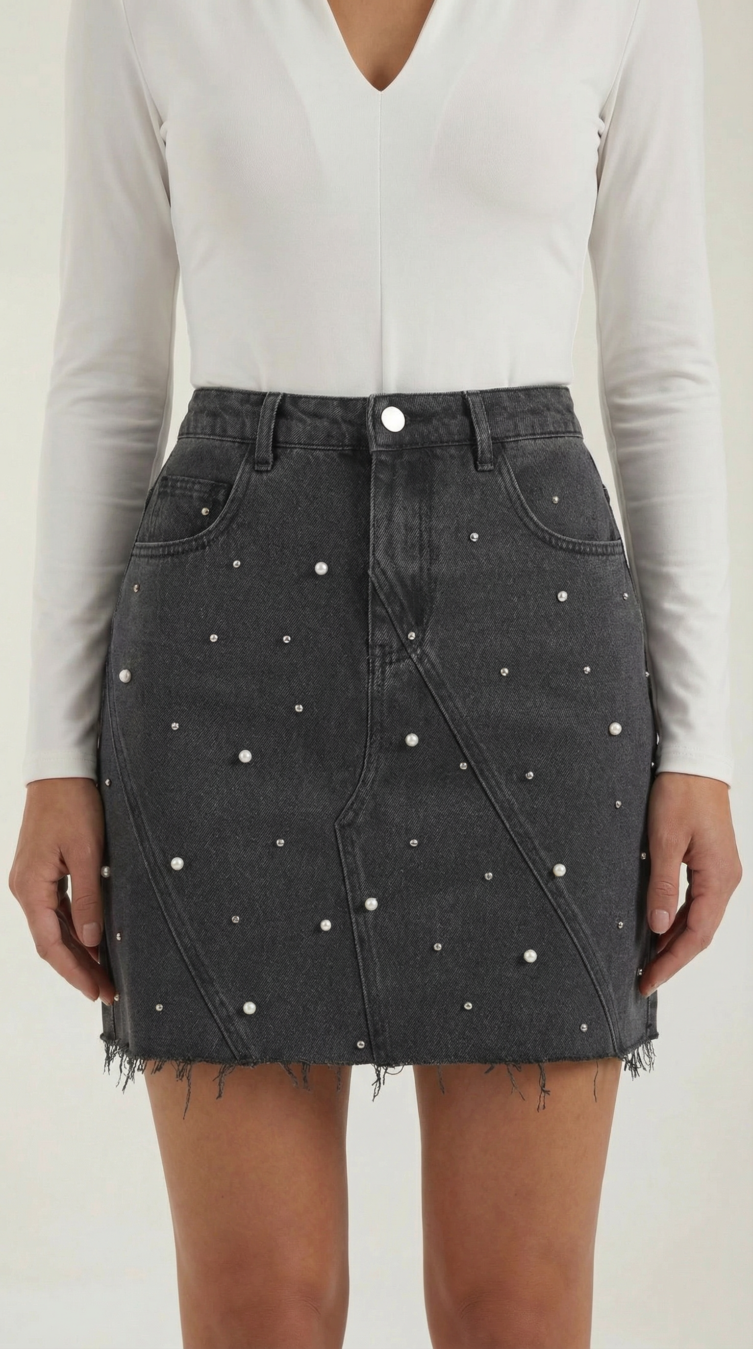 Gonna Donna in Jeans con Perle Orlo Grezzo Denim