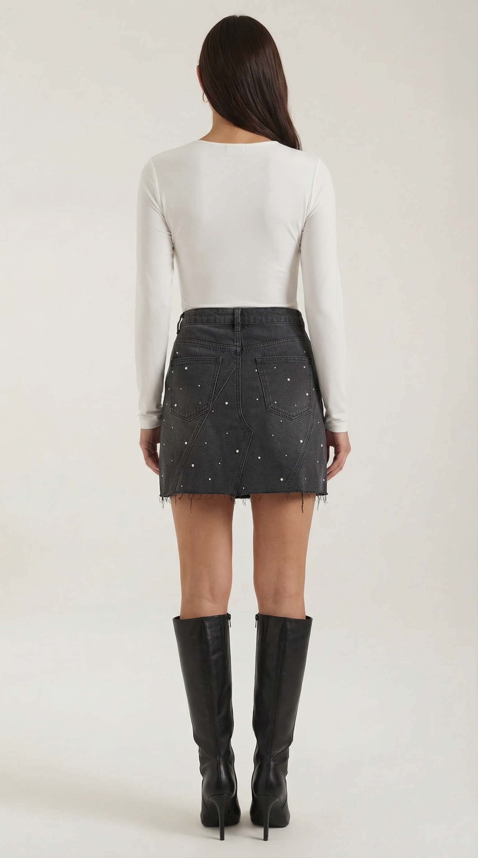 Gonna Donna in Jeans con Perle Orlo Grezzo Denim