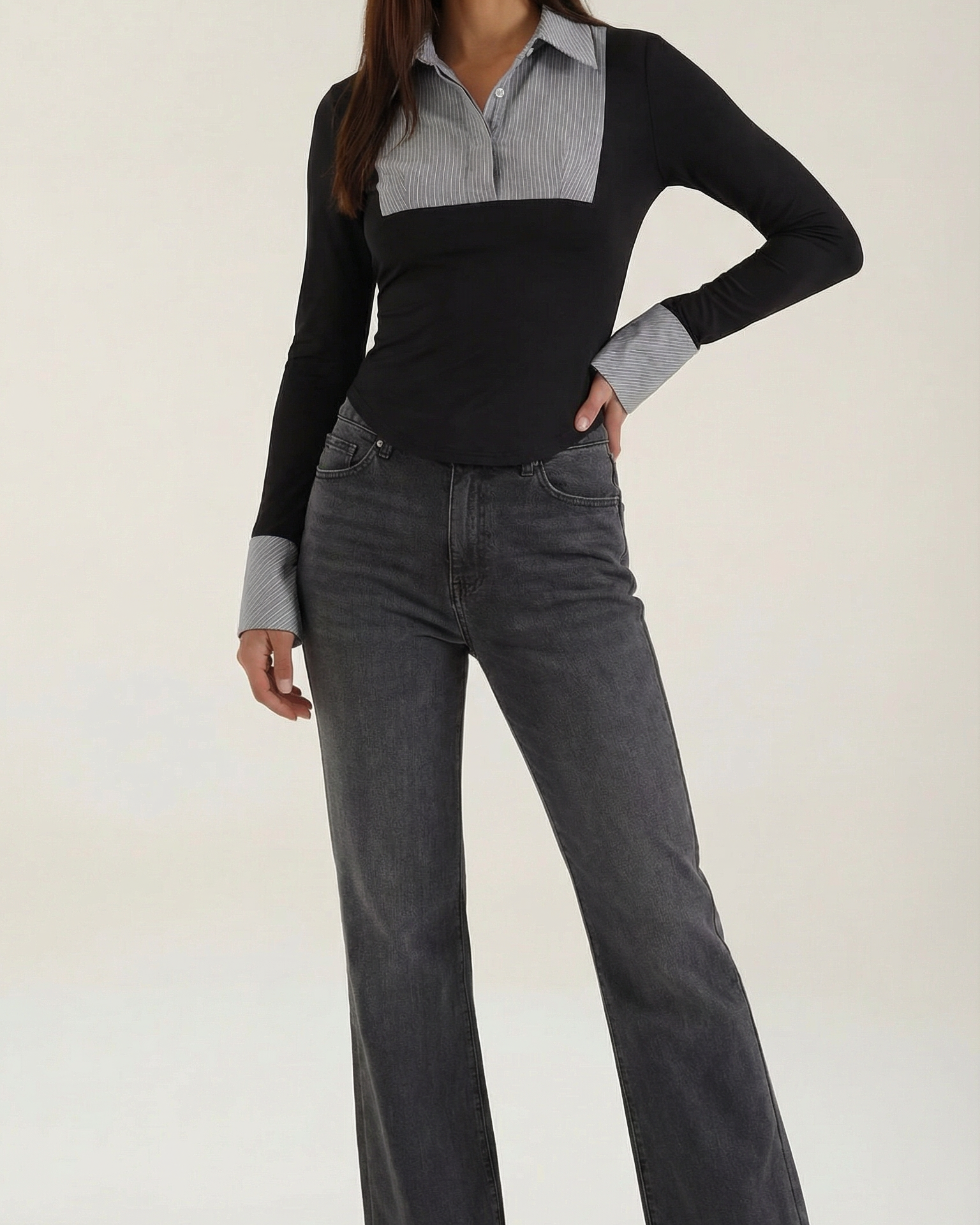 Polo Donna Maniche Lunghe Plissé a Contrasto Aderente