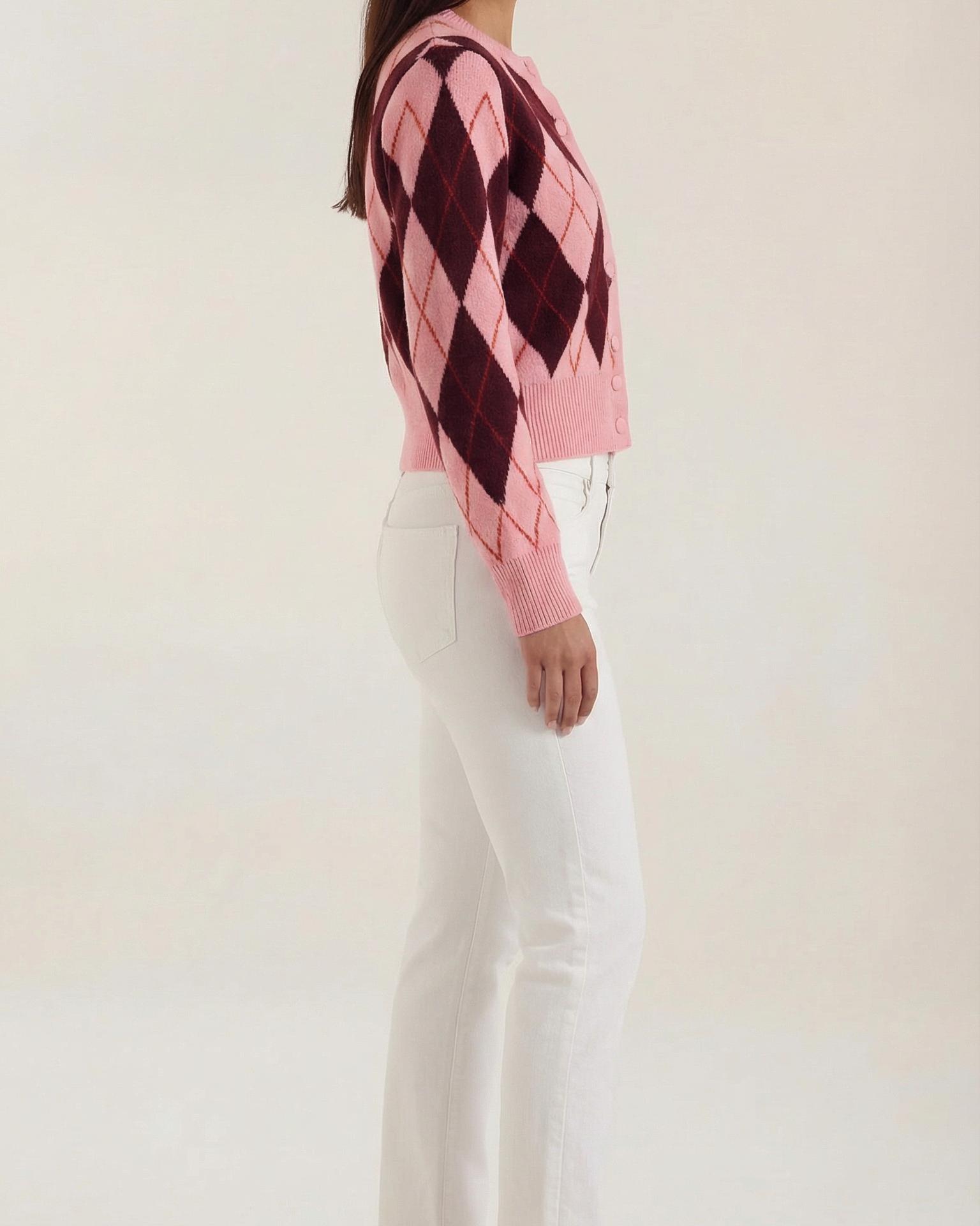 Cardigan Donna in Maglia Argyle Preppy Bottoni Tono su Tono