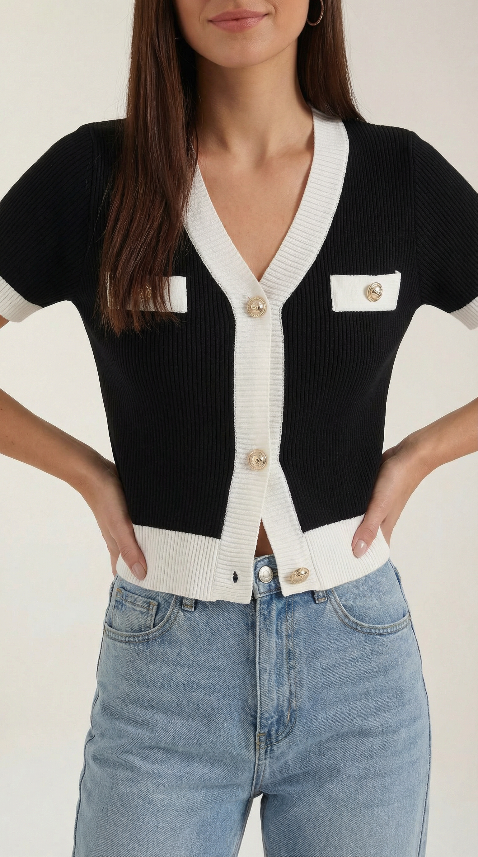 Cardigan Donna a Coste Bottoni Dorati Bordi a Contrasto