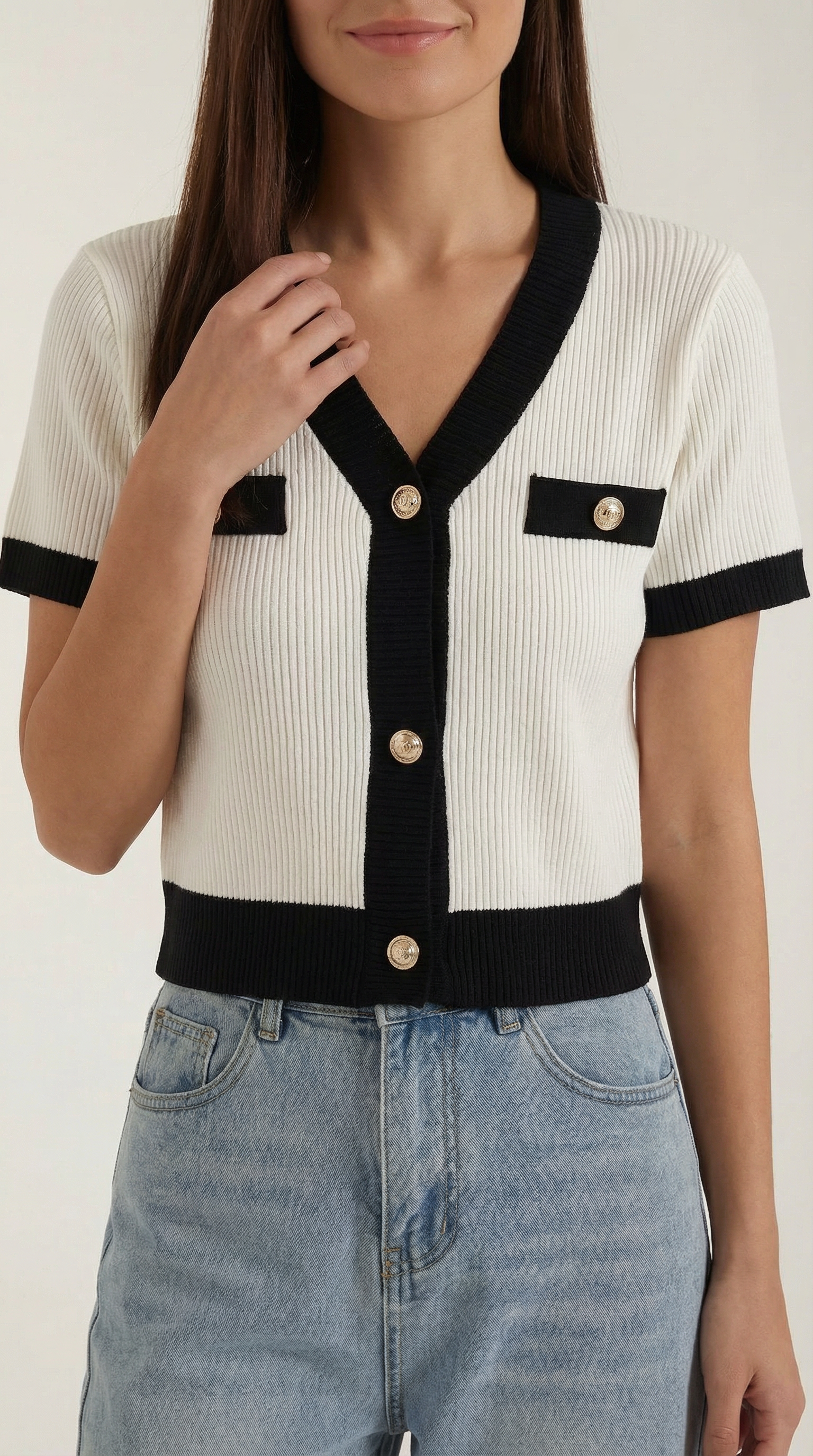 Cardigan Donna a Coste Bottoni Dorati Bordi a Contrasto