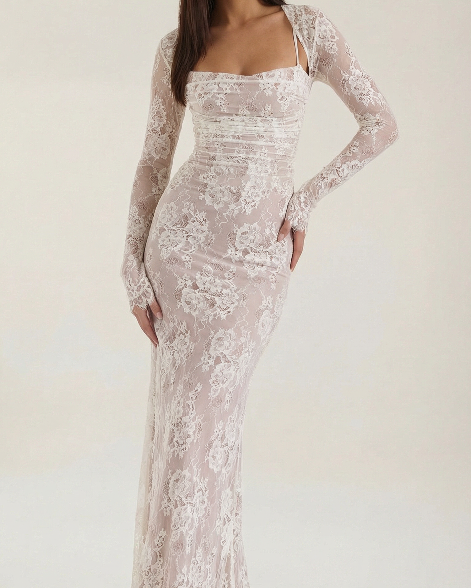 Abito Lungo Donna in Pizzo Scollo a V Cerimonia Elegante