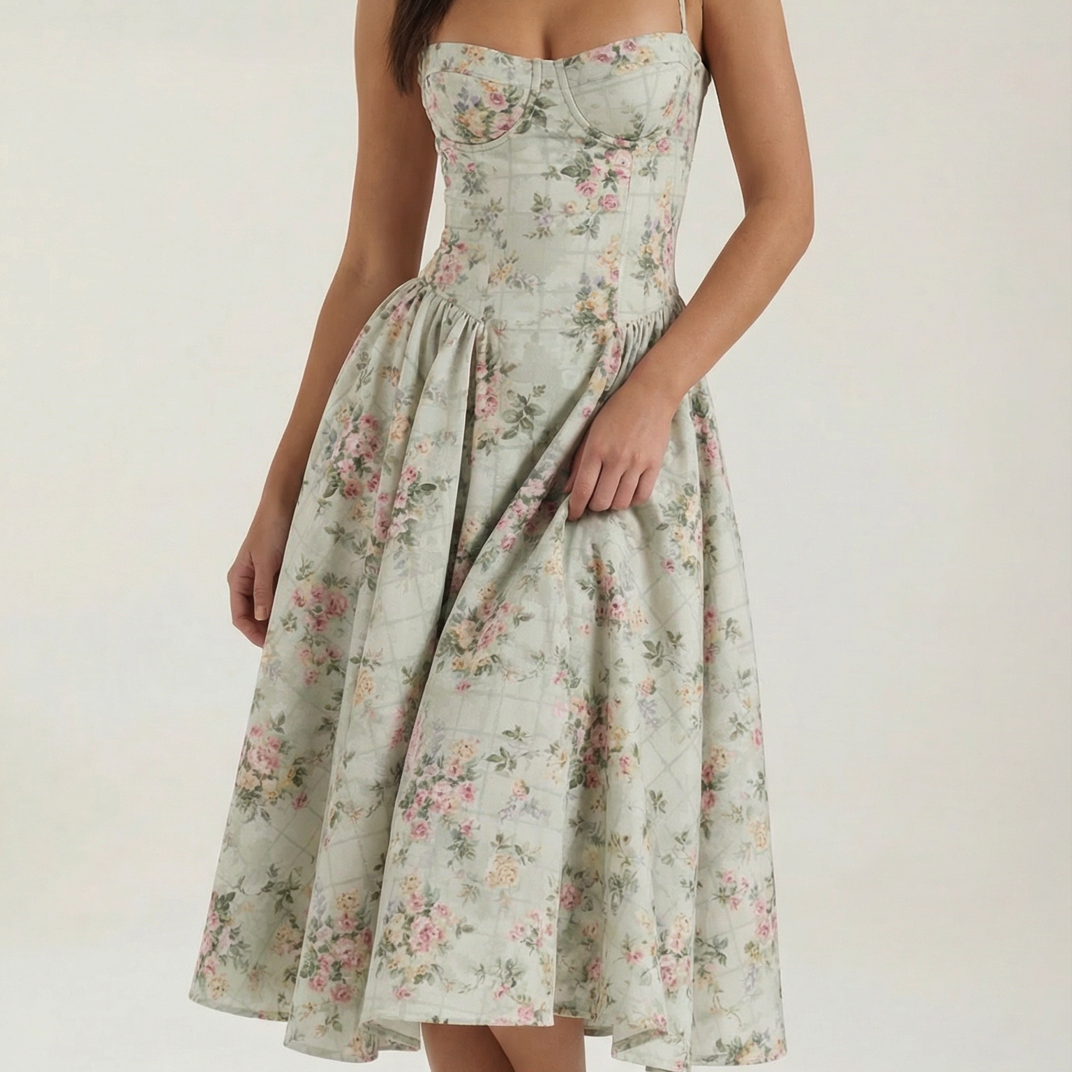Abito Midi Donna con Corsetto Scollo a Cuore Cottage Core