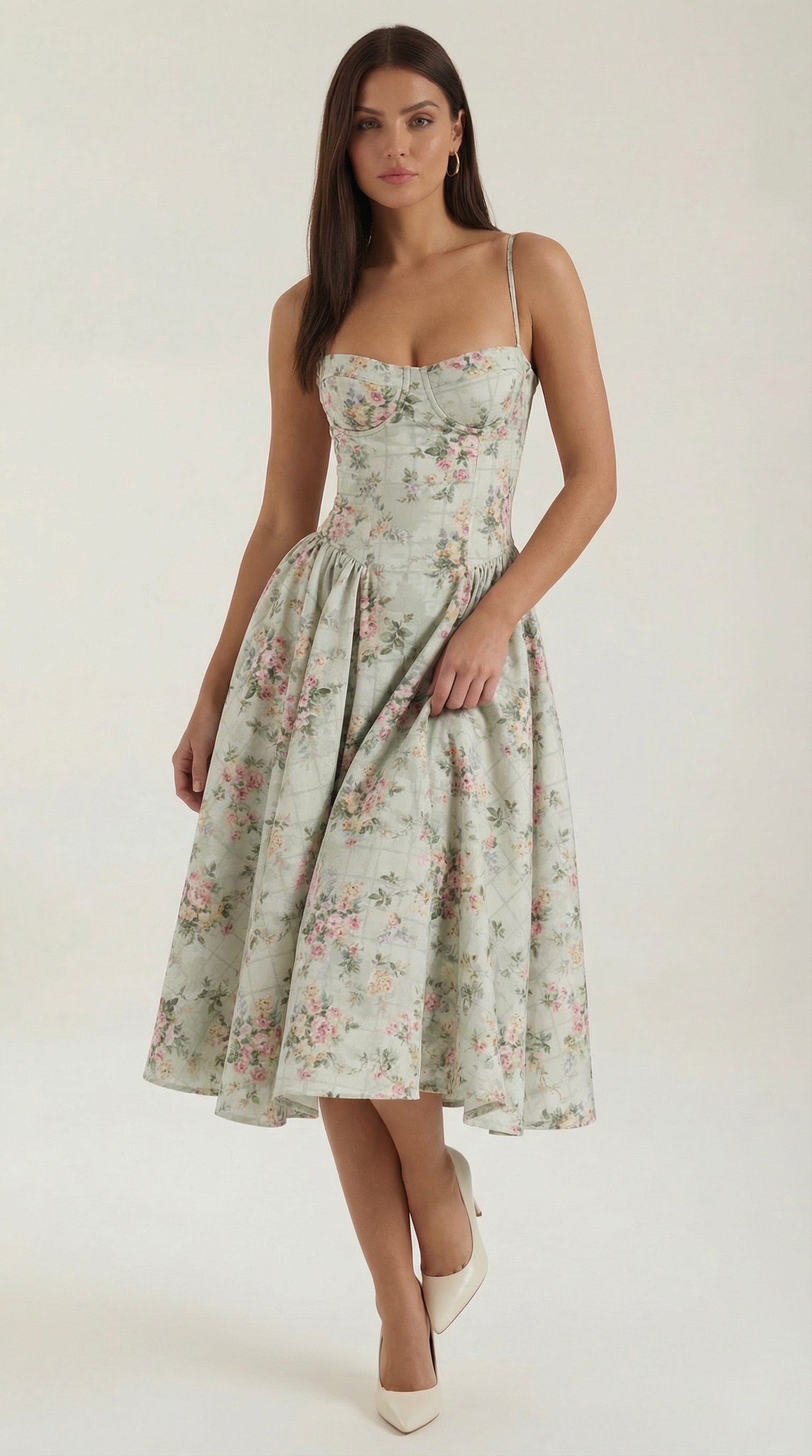Abito Midi Donna con Corsetto Scollo a Cuore Cottage Core