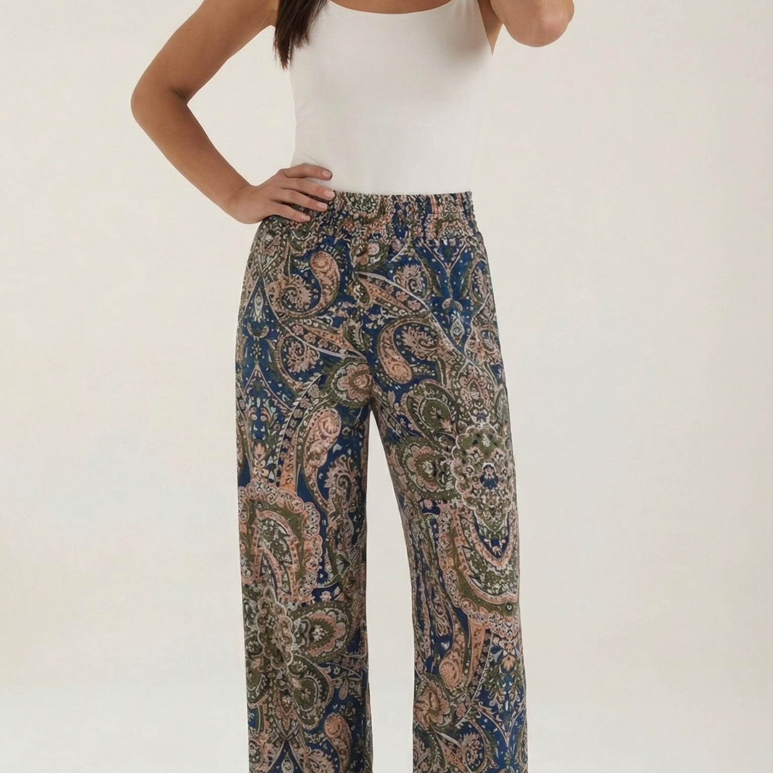 Pantaloni Donna Paisley a Gamba Ampia Bohémien Fluidi