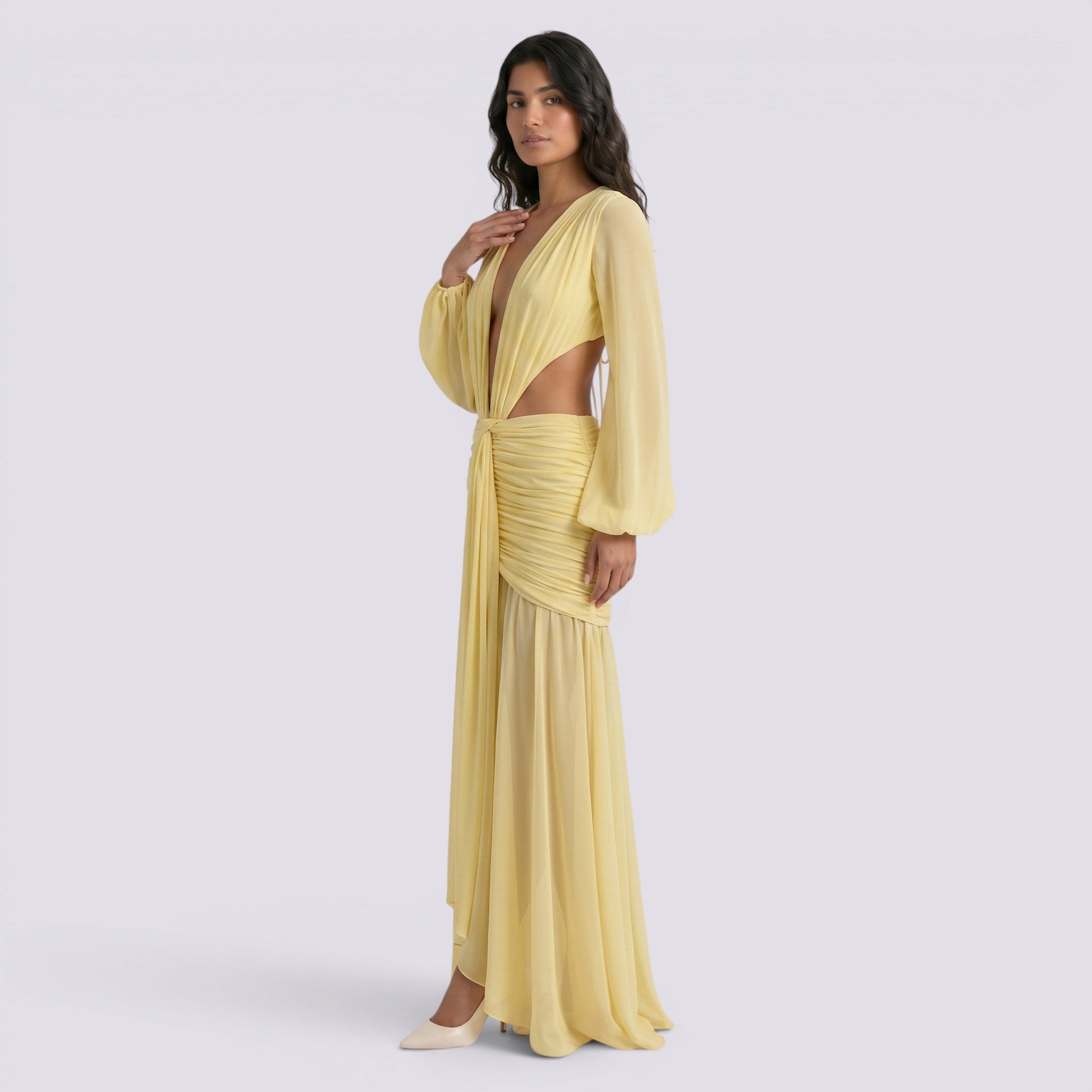 Abito Lungo Donna Maniche Lunghe Scollo a V da Cerimonia