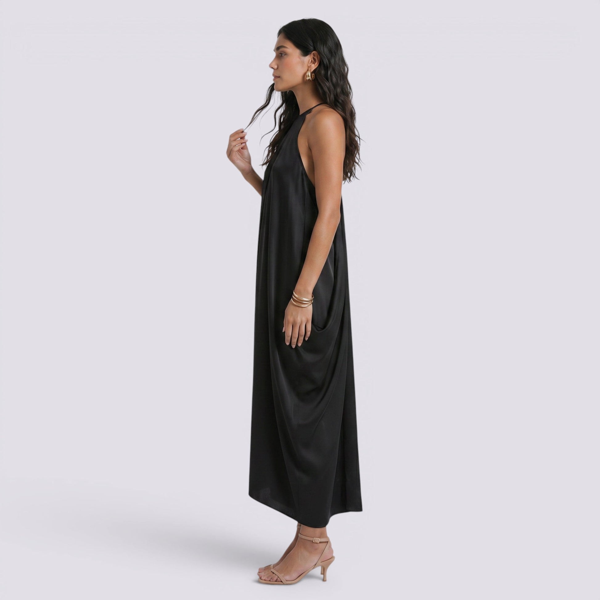 Abito Lungo Donna Halter in Raso Linea A Elegante