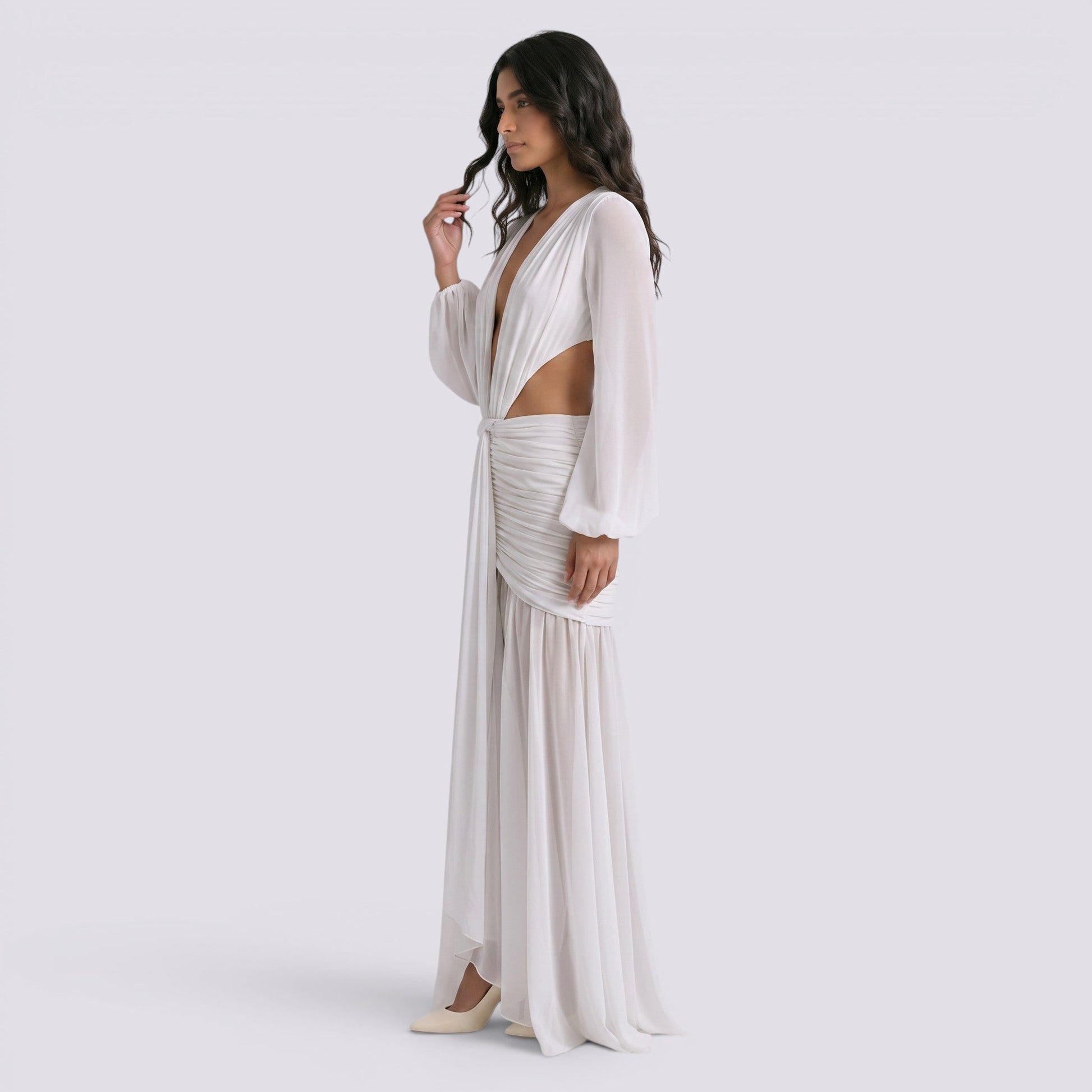 Abito Lungo Donna Maniche Lunghe Scollo a V da Cerimonia