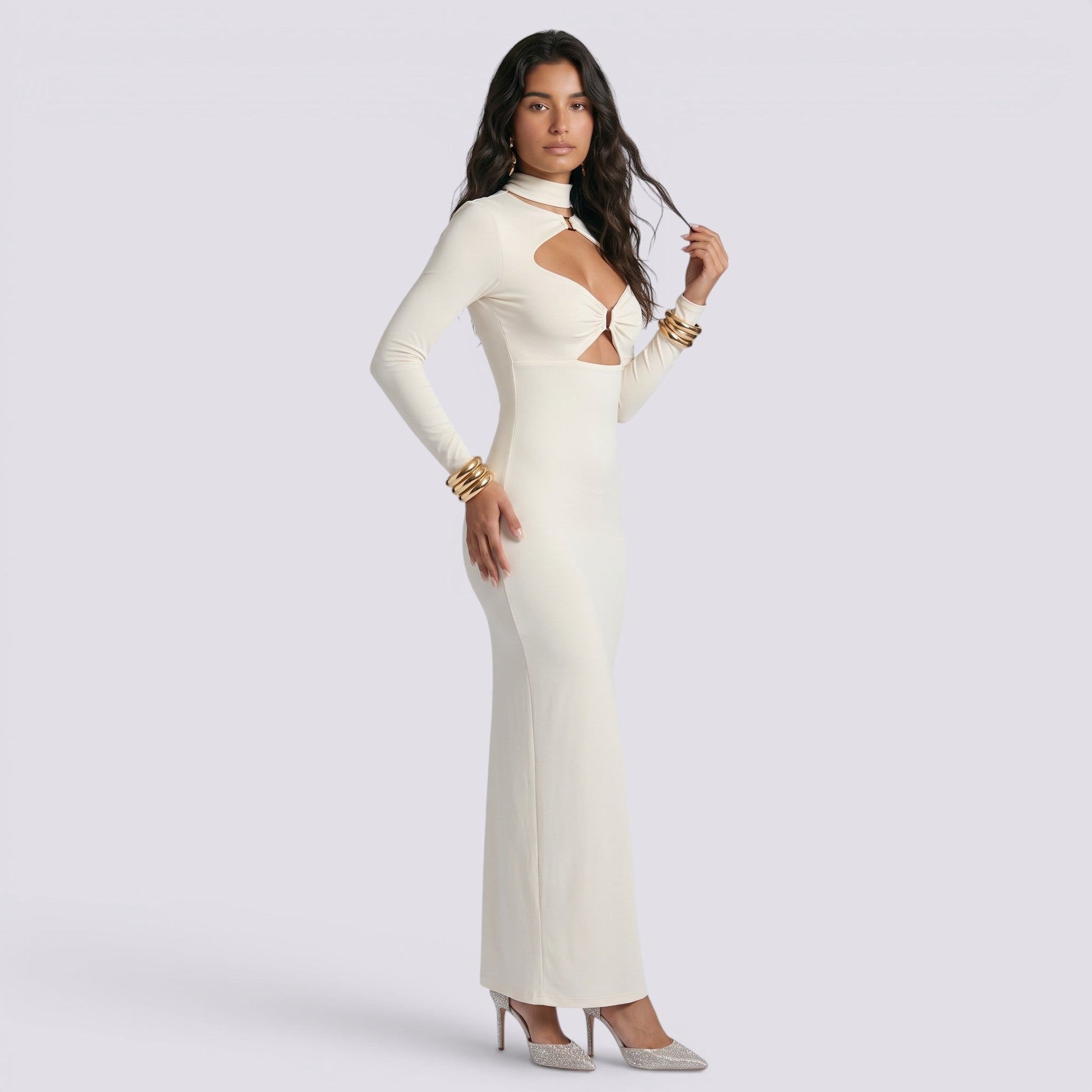Abito Lungo Donna Aderente Cut Out Elegante Tinta Unita