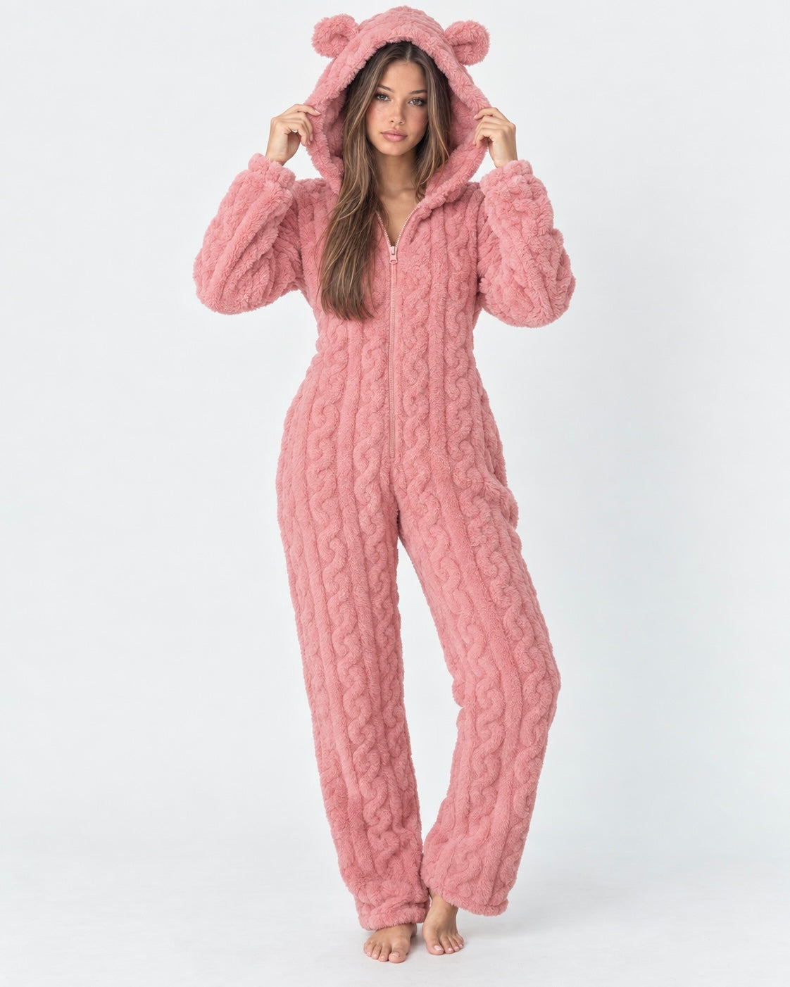 Pigiama Donna Tuta Intera in Peluche Teddy con Cappuccio Orsetto