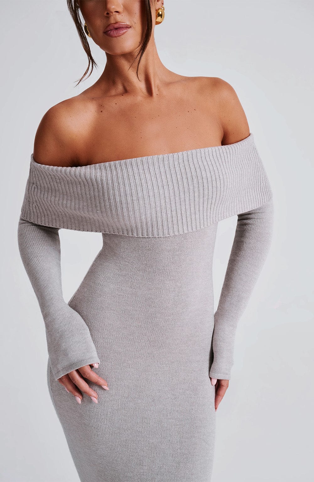 Abito Donna Lungo in Maglia da Sera Spalle Scoperte Collo Ripiegato
