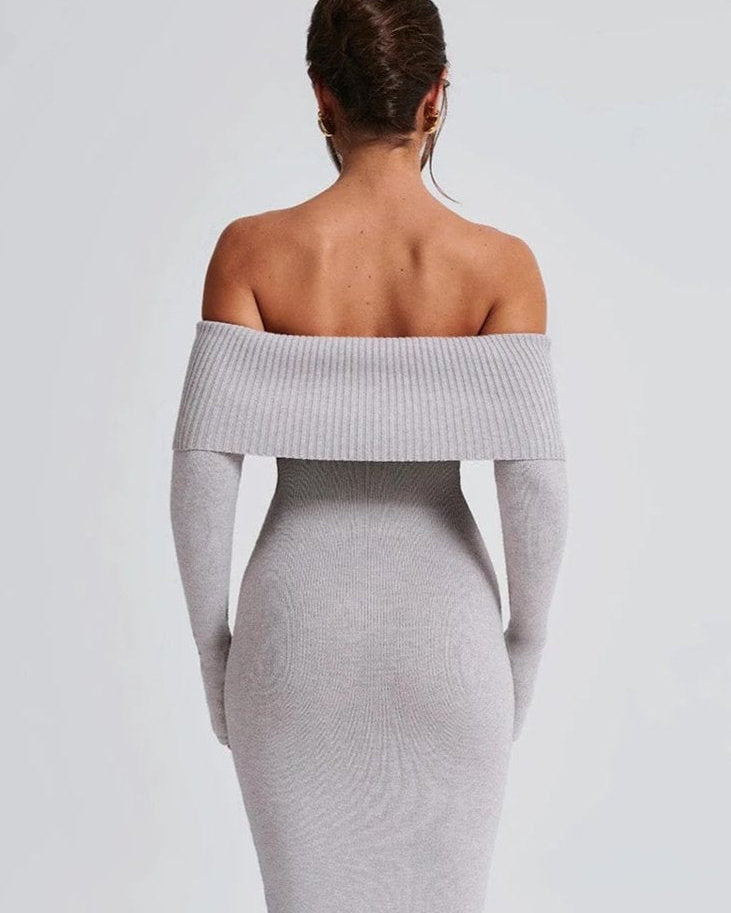 Abito Donna Lungo in Maglia da Sera Spalle Scoperte Collo Ripiegato