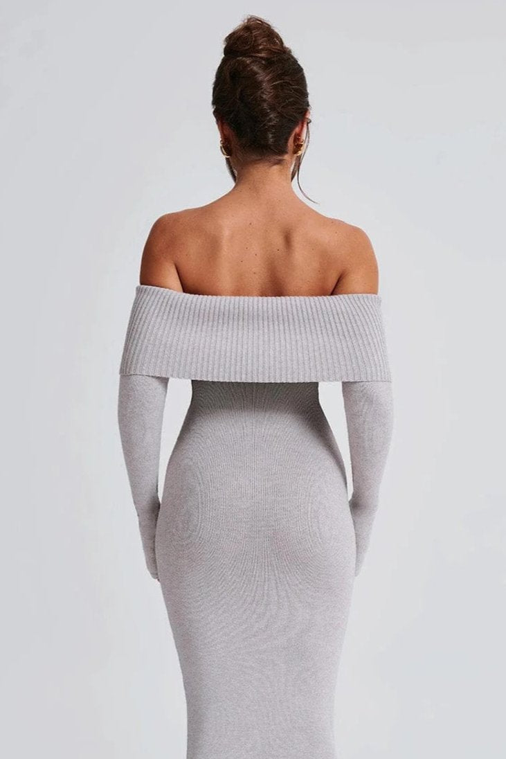Abito Donna Lungo in Maglia da Sera Spalle Scoperte Collo Ripiegato