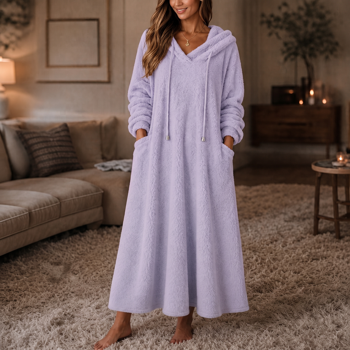 Abito Donna Lungo in Peluche con Cappuccio Homewear Linea ad A
