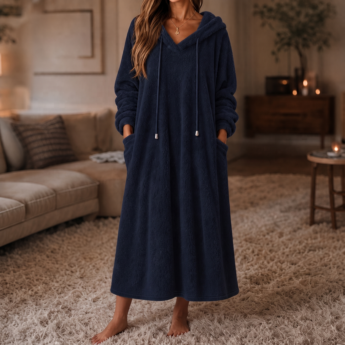 Abito Donna Lungo in Peluche con Cappuccio Homewear Linea ad A