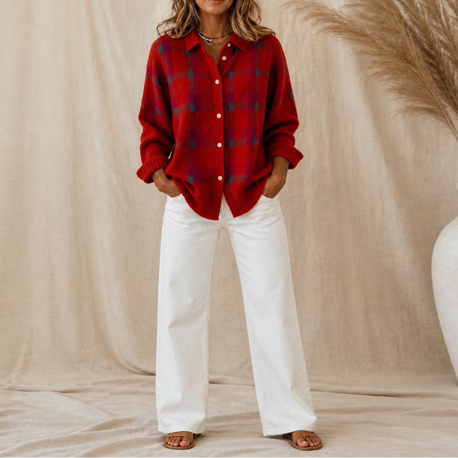 Cardigan Donna Tartan in Maglia con Colletto Camicia Bottoni