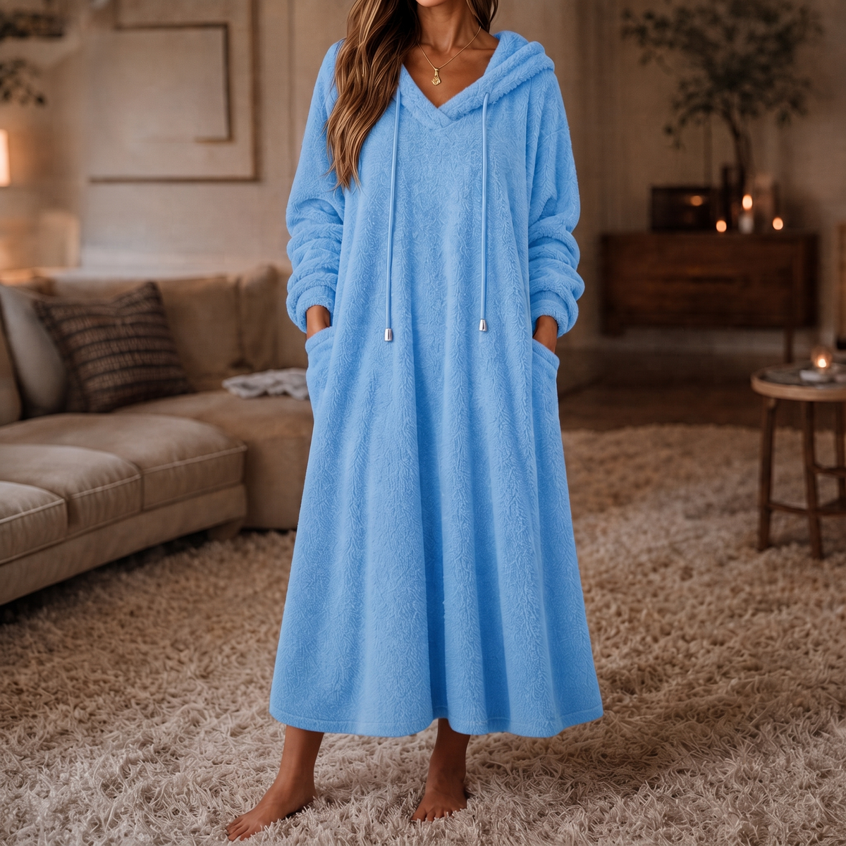 Abito Donna Lungo in Peluche con Cappuccio Homewear Linea ad A