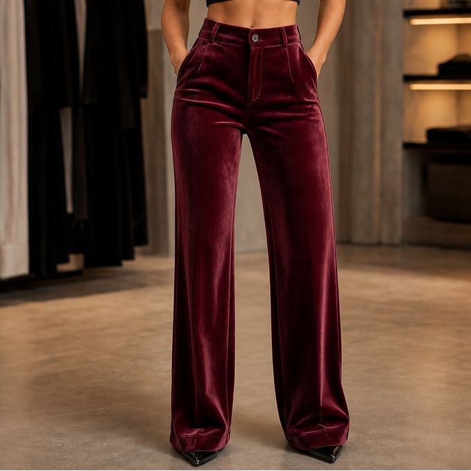 Pantaloni Donna Palazzo Effetto Velluto Vita Alta Elasticizzati