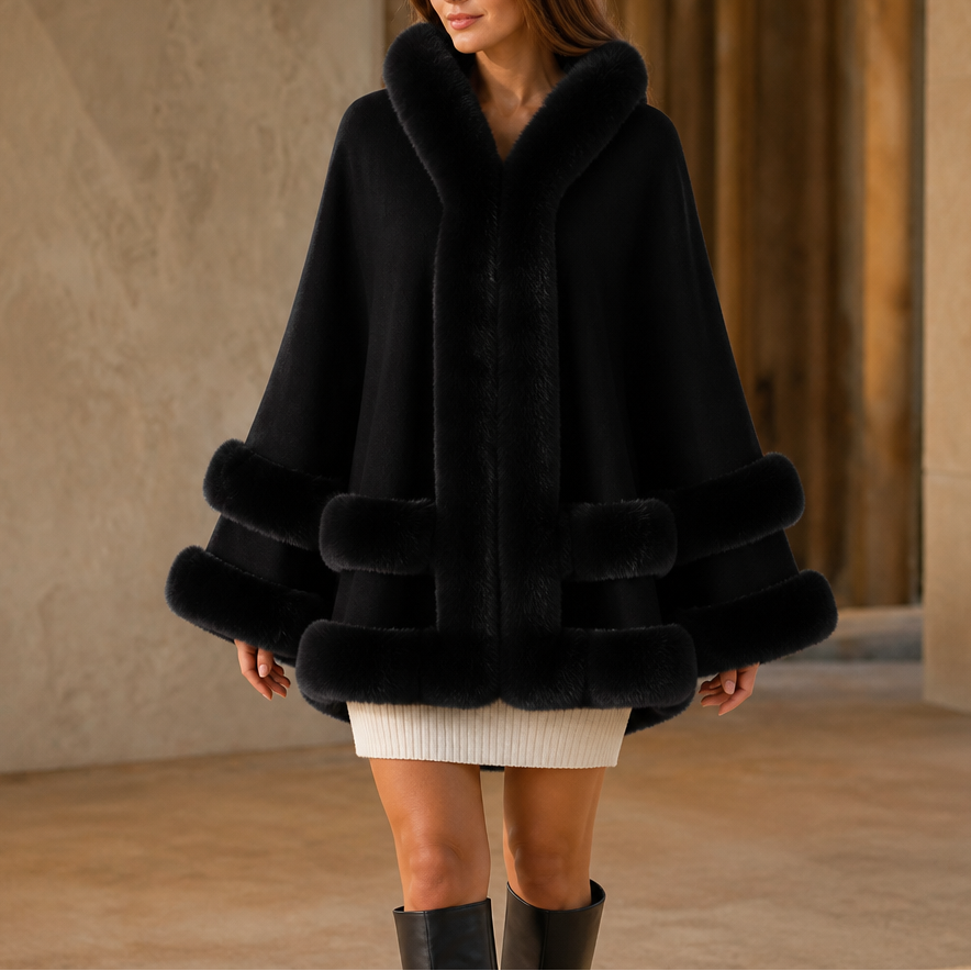 Mantella Donna in Maglia con Cappuccio Bordo Pelliccia Sintetica Lunga