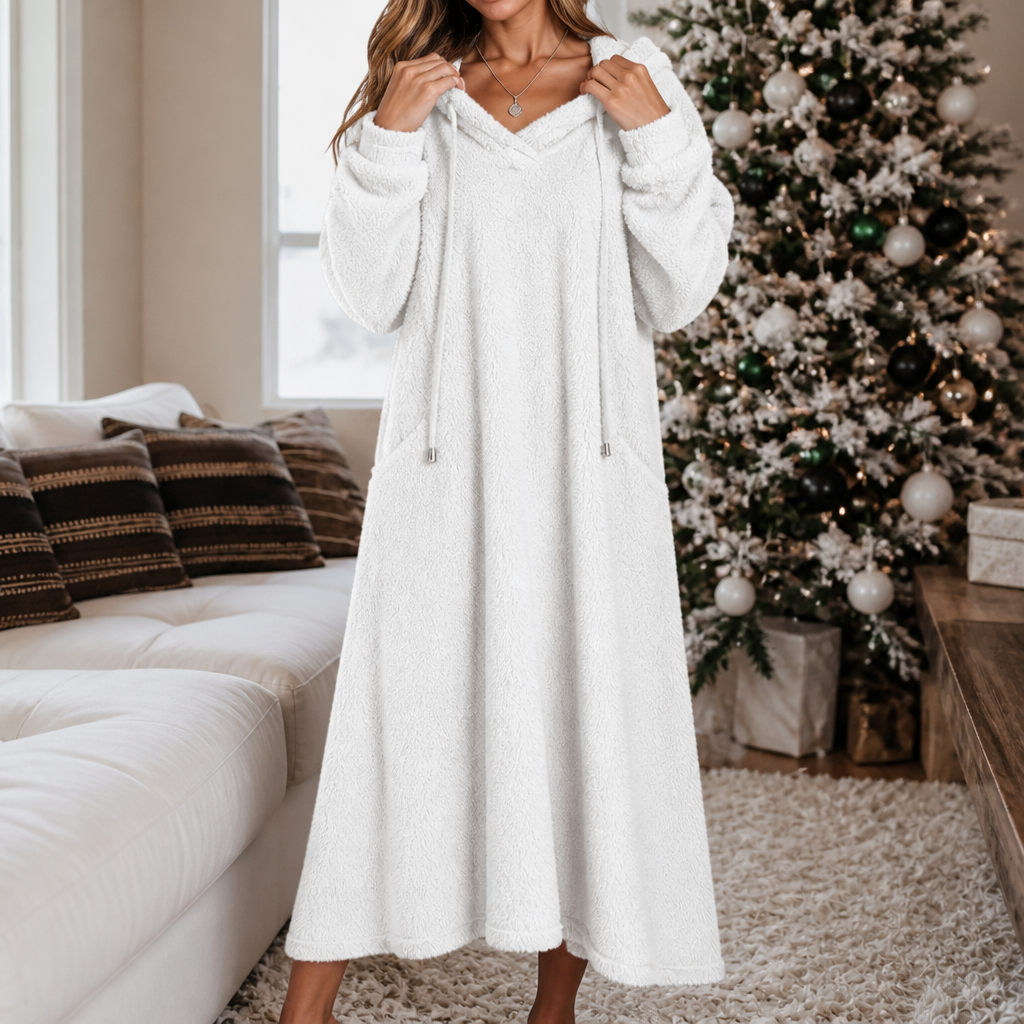 Abito Donna Lungo in Peluche con Cappuccio Homewear Linea ad A