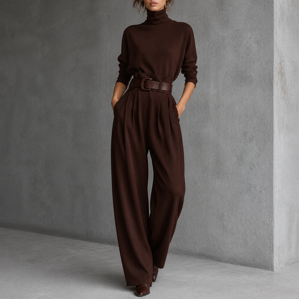 Completo Donna Dolcevita e Pantaloni Vita Alta con Cintura Coordinato