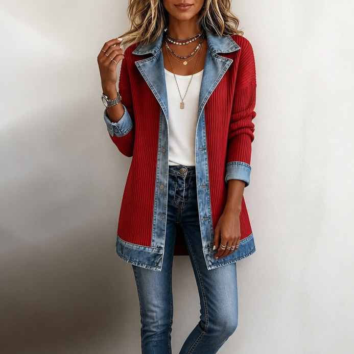 Cappotto Donna in Maglia a Coste con Pannelli in Denim Lungo