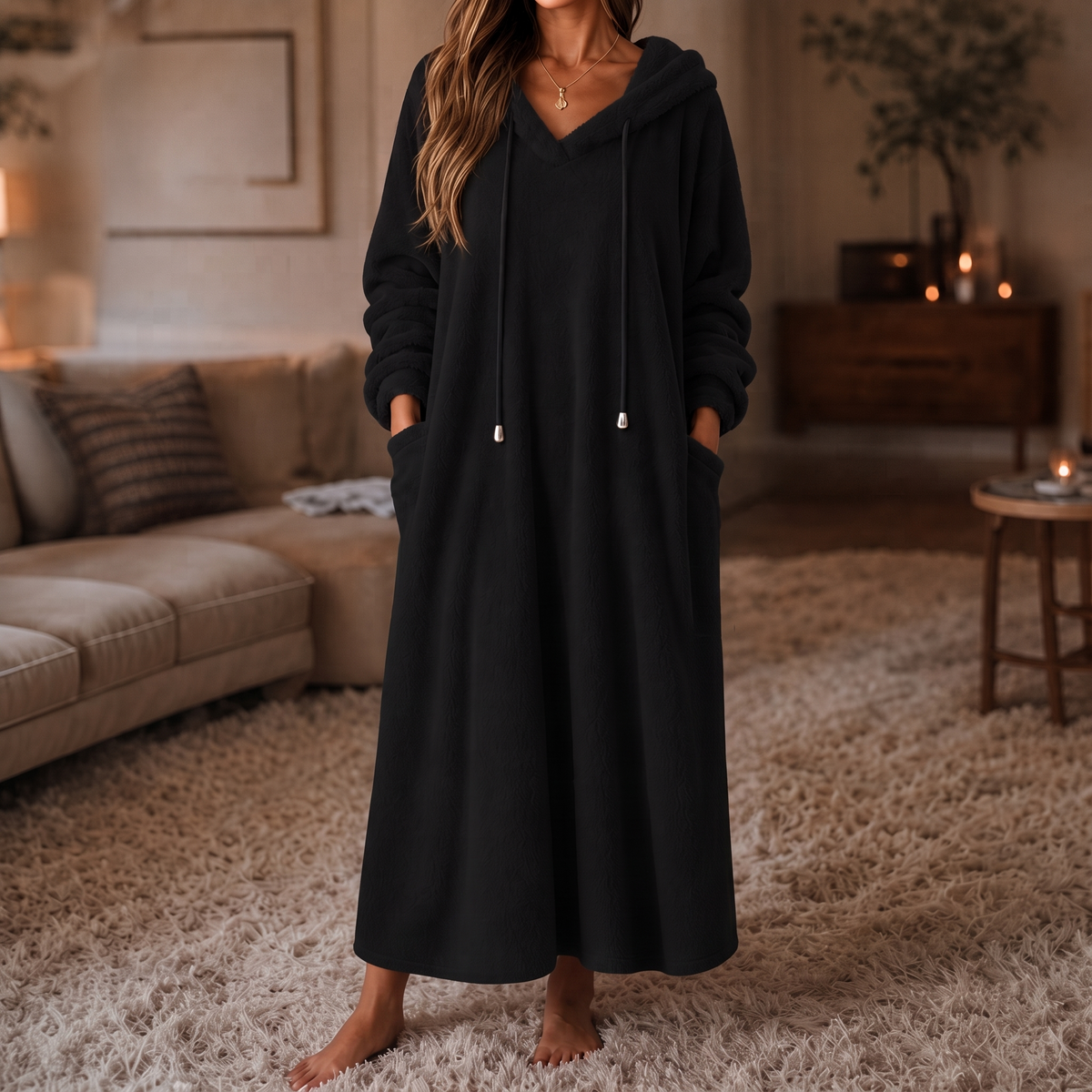 Abito Donna Lungo in Peluche con Cappuccio Homewear Linea ad A