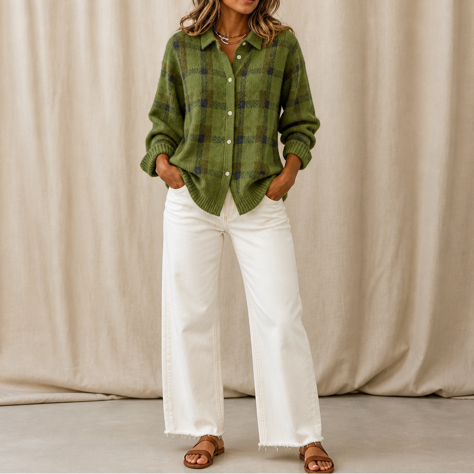 Cardigan Donna Tartan in Maglia con Colletto Camicia Bottoni