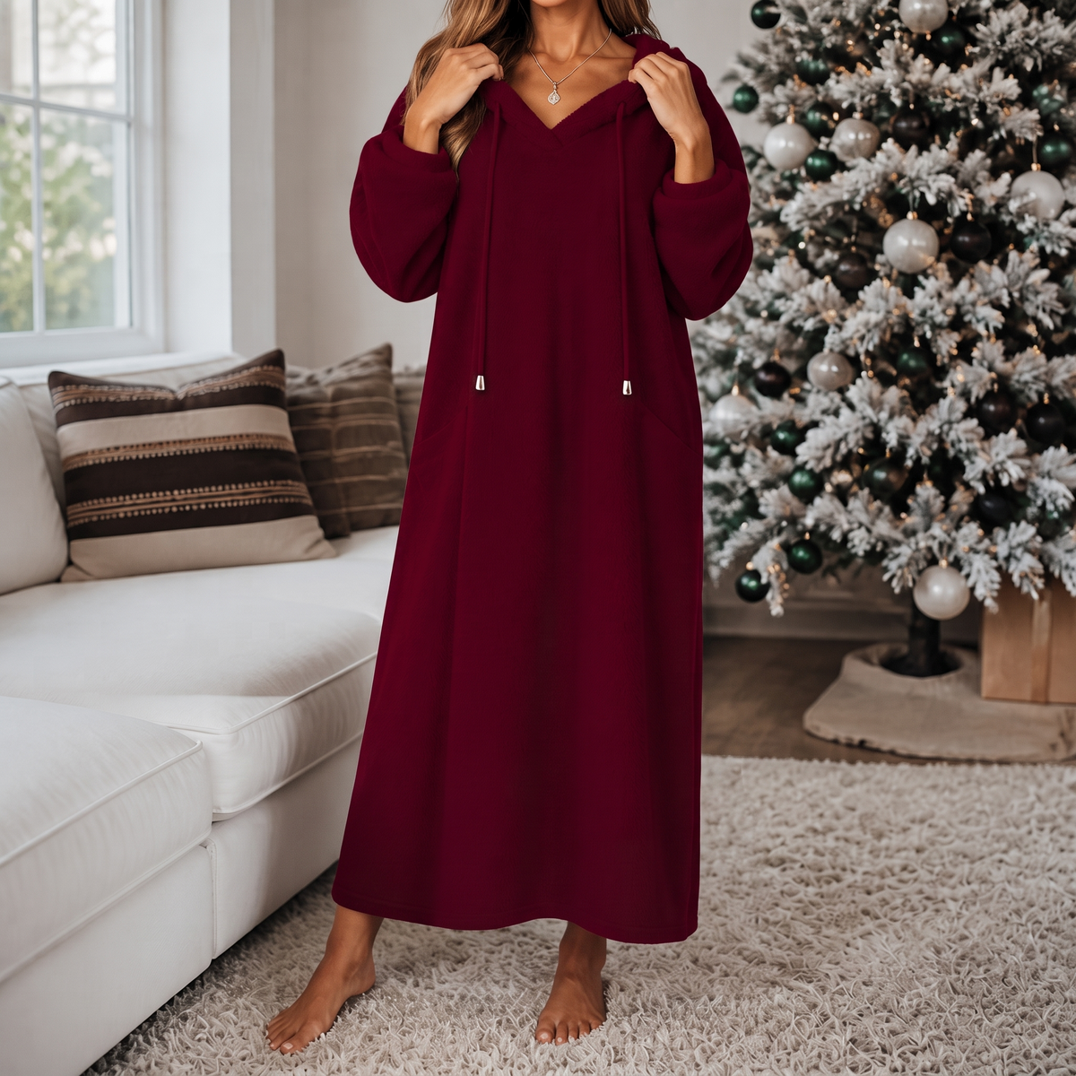 Abito Donna Lungo in Peluche con Cappuccio Homewear Linea ad A