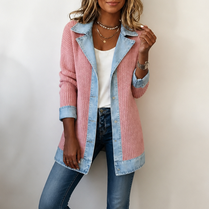 Cappotto Donna in Maglia a Coste con Pannelli in Denim Lungo