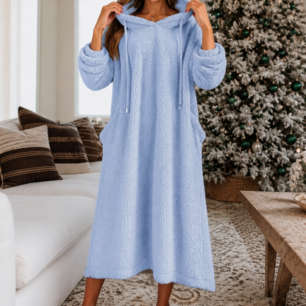 Abito Donna Lungo in Peluche con Cappuccio Homewear Linea ad A