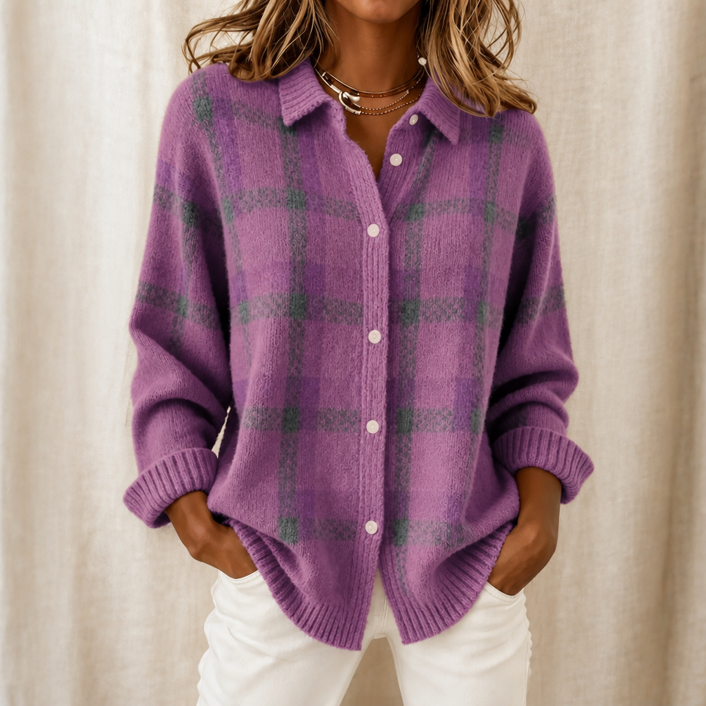 Cardigan Donna Tartan in Maglia con Colletto Camicia Bottoni