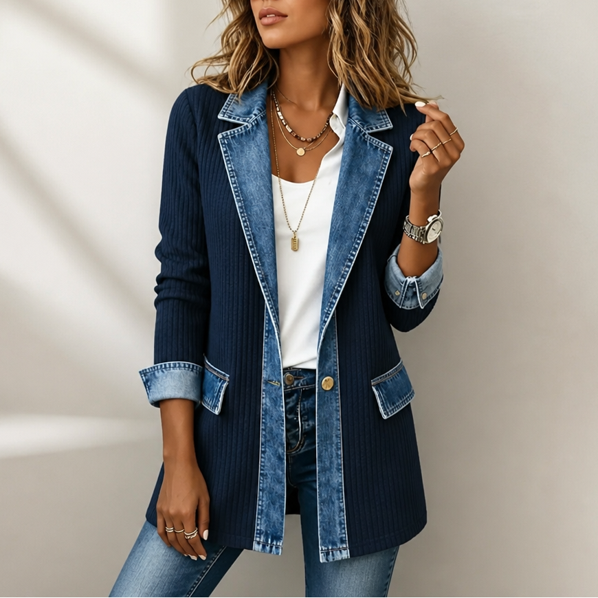 Cappotto Donna in Maglia a Coste con Pannelli in Denim Lungo