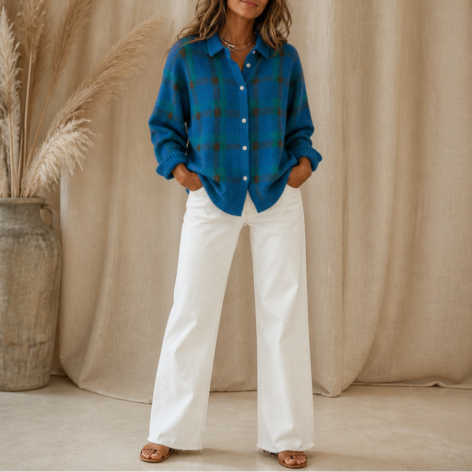 Cardigan Donna Tartan in Maglia con Colletto Camicia Bottoni