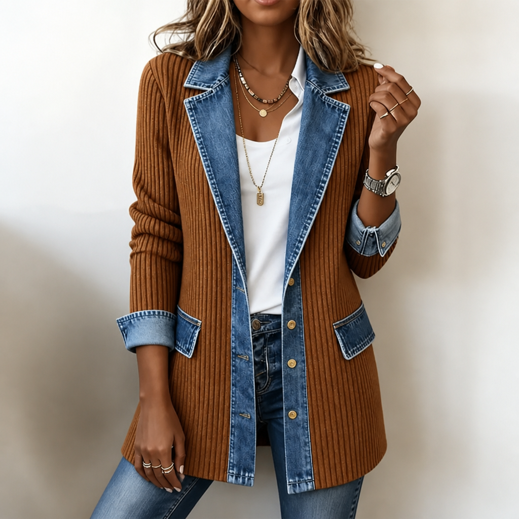 Cappotto Donna in Maglia a Coste con Pannelli in Denim Lungo