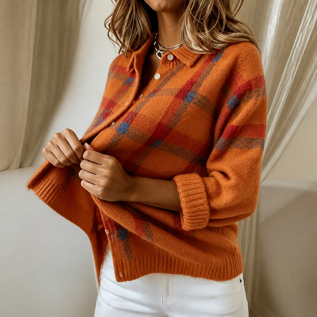 Cardigan Donna Tartan in Maglia con Colletto Camicia Bottoni