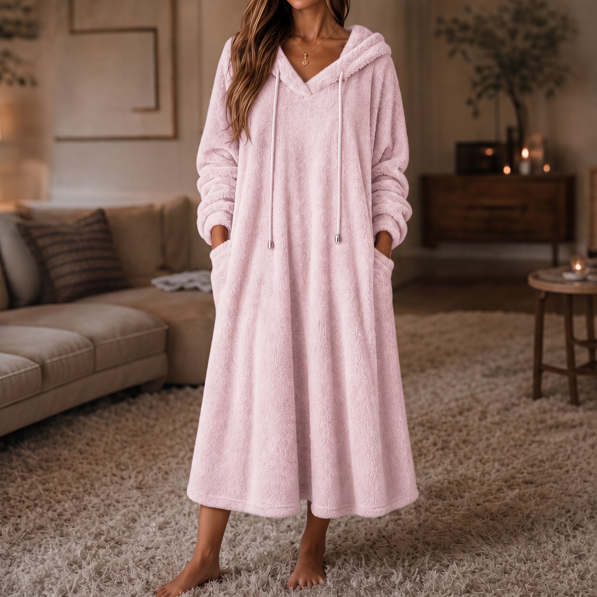 Abito Donna Lungo in Peluche con Cappuccio Homewear Linea ad A